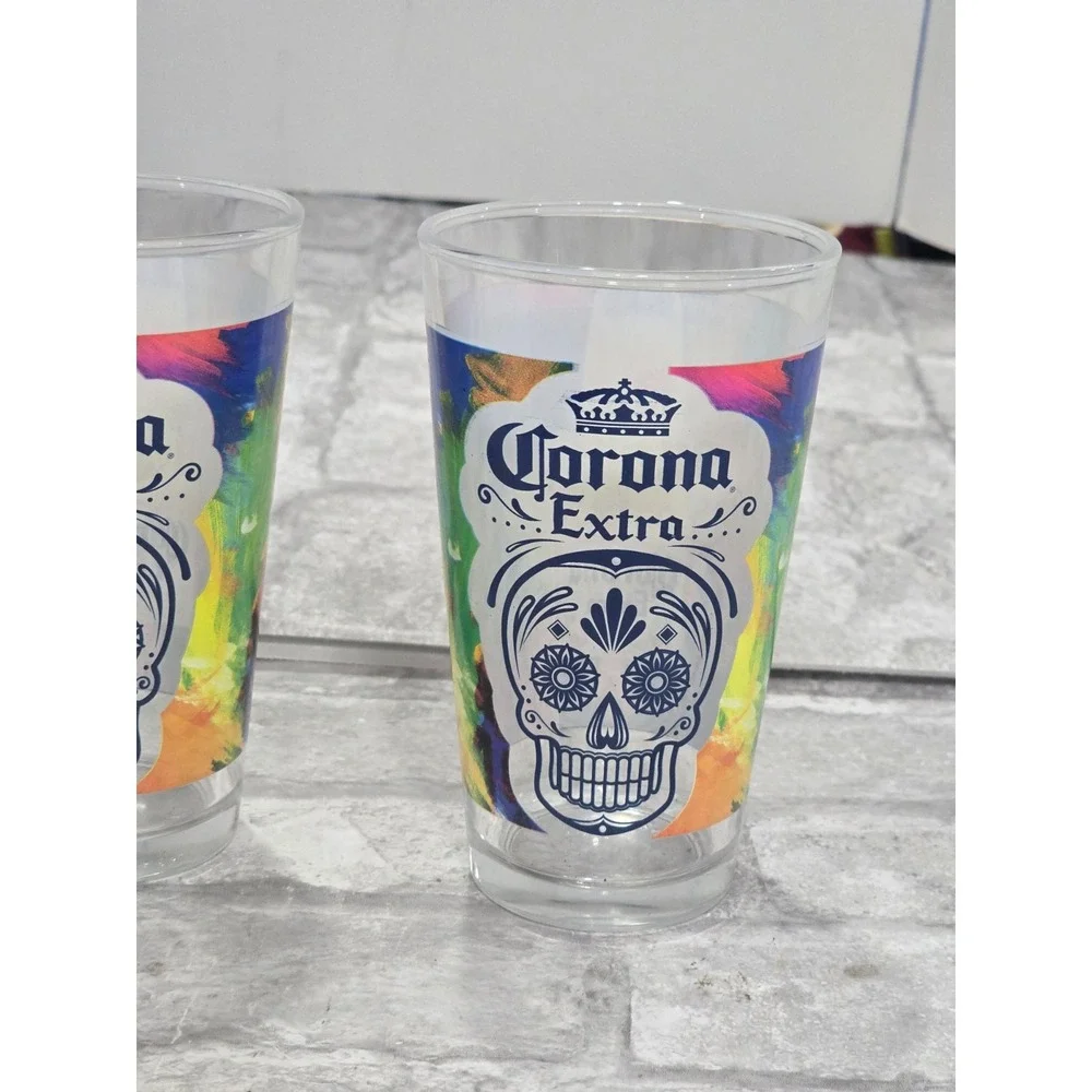 Corona Extra Cerveza Mexican Day Of The Dead Sugar Skull Pint Glasses (Set of 3)